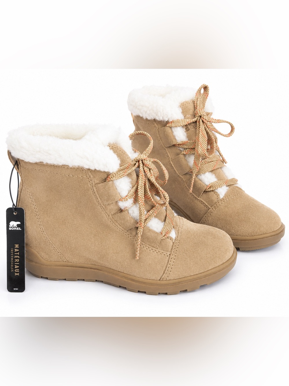 Sorel Evie ll Tan Suede waterproof Lace-Up Winter Boots White Fleece Lining NWT